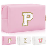 Personalized Initial Letter Patch Makeup Bag, Preppy Portable Chenille Letter Cosmetic Bag with Zipper, PU Leather Waterproof Travel Toiletry Bag Monogram Make Up Pouch for Women Girls(Letter P)